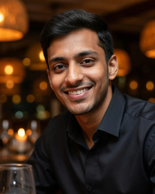 Sample person at a candlelit restaurant table in a dark smart shirt