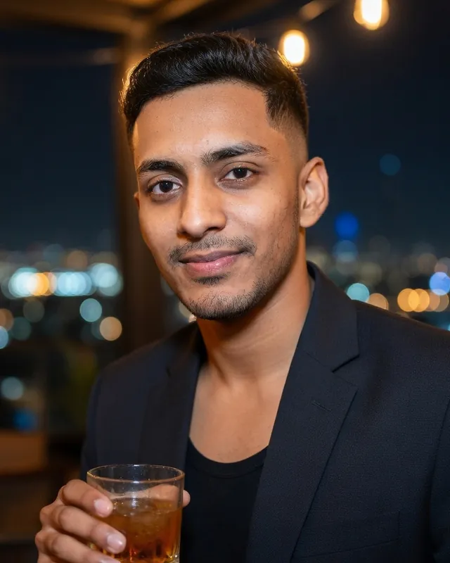 Sample person at a rooftop bar at night in a dark blazer, holding a drink, city lights behind