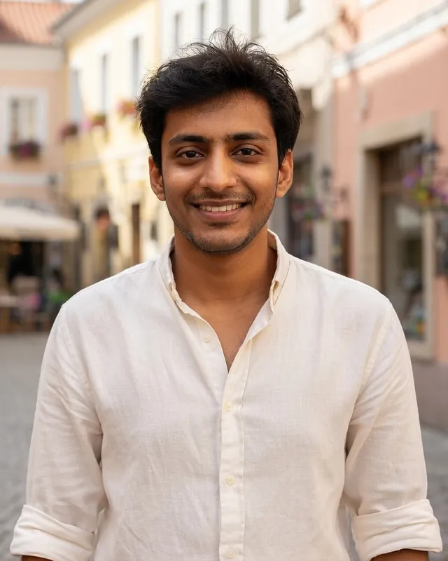 Sample person on a sunny cobblestone street in a European town, in a light linen shirt
